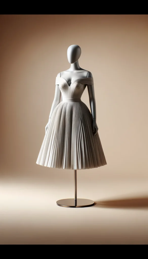 DALL·E 2025 03 06 19.29.06 A full body female fashion mannequin wearing an elegant wedding guest dress in a plus size curvier shape. The dress features a sophisticated off the