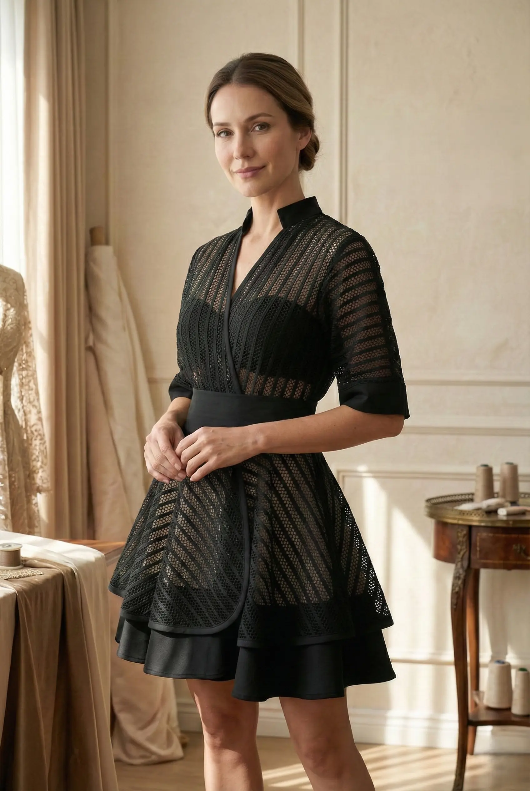 Vestido negro de invitada a medida con encaje (clienta) - Atelier Karina Falcones Madrid